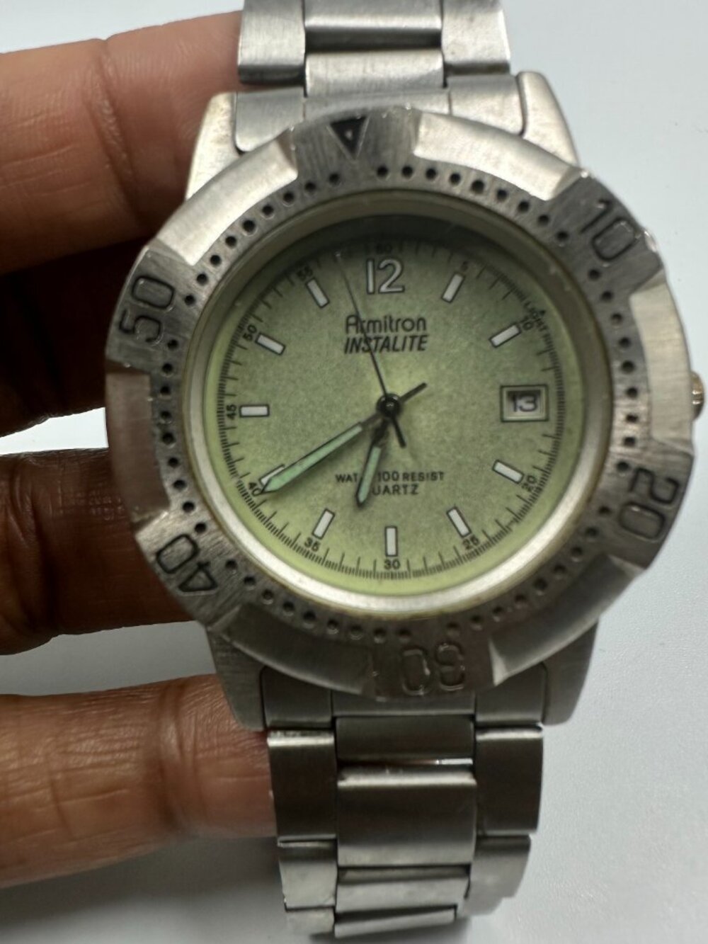 Armitron Watch Men Silver Tone Instalite Green Dial Stainless Steel New Battery